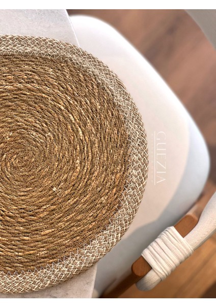 6 Adet Krem Şeritli Hasır Supla | Örgü Amerikan Servis | 35 cm Çap Supla | 6 Adet