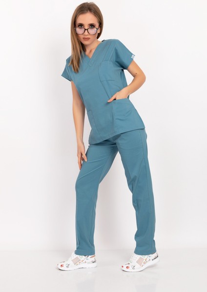 Cool Petrol Mavi Likralı Unisex Doktor Hemşire Hastane Scrubs Üniforma Takımı