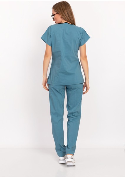 Cool Petrol Mavi Likralı Unisex Doktor Hemşire Hastane Scrubs Üniforma Takımı modelleri