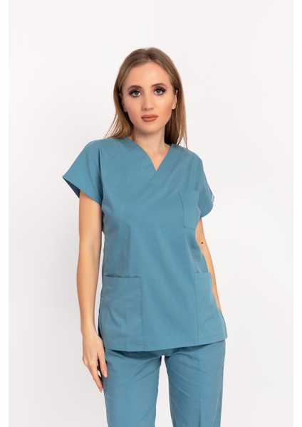 Cool Petrol Mavi Likralı Unisex Doktor Hemşire Hastane Scrubs Üniforma Takımı fırsatları
