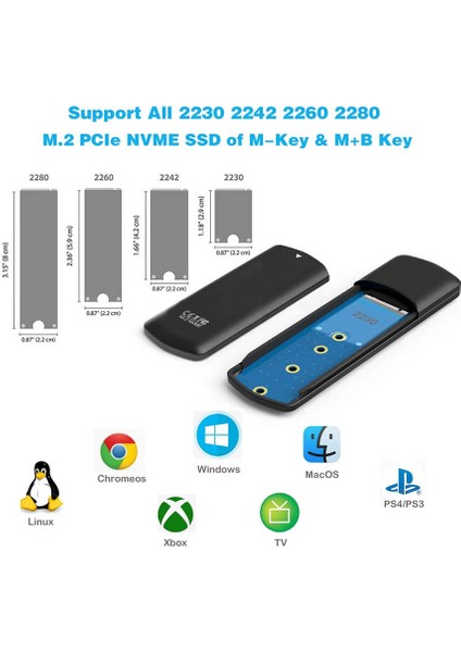 M.2 Nvme USB C SSD Harici Kutu USB 3.1 Gen 2 10GBPS - M-Key Nvme SSD 2230, 2242, 2260, 2280