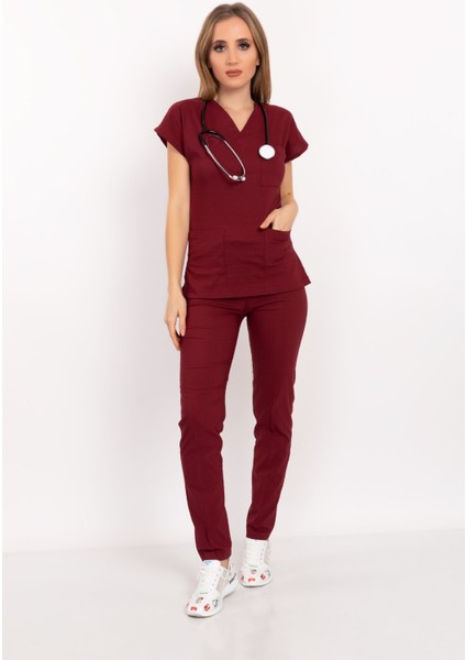 Bordo Renk Likralı Unisex Doktor Hemşire Hastane Scrubs Üniforma Takımı
