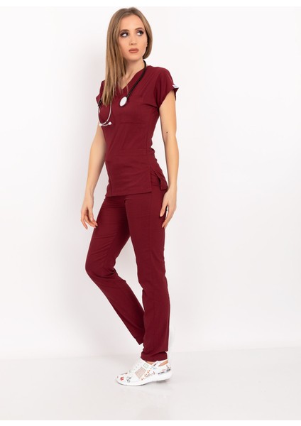 Bordo Renk Likralı Unisex Doktor Hemşire Hastane Scrubs Üniforma Takımı fiyatları