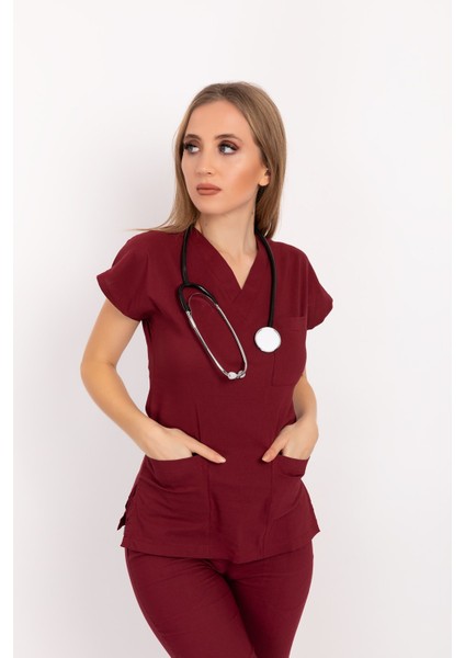 Bordo Renk Likralı Unisex Doktor Hemşire Hastane Scrubs Üniforma Takımı fırsatları