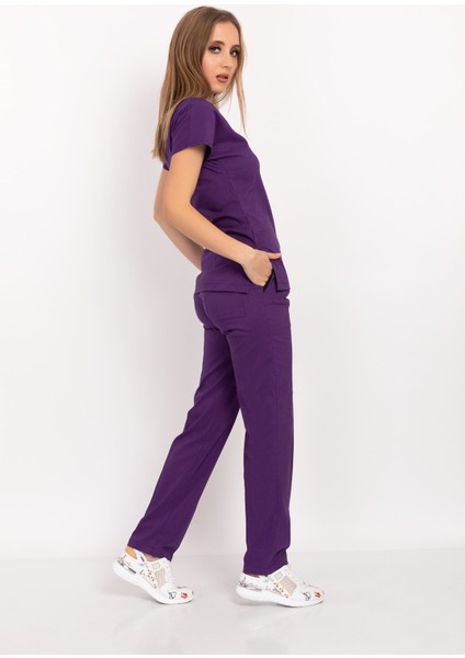 Mor Renk Likralı Unisex Doktor Hemşire Hastane Scrubs Üniforma Takımı fiyatları
