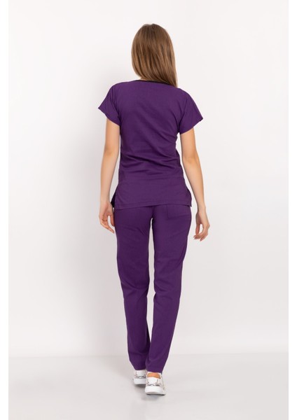 Mor Renk Likralı Unisex Doktor Hemşire Hastane Scrubs Üniforma Takımı modelleri