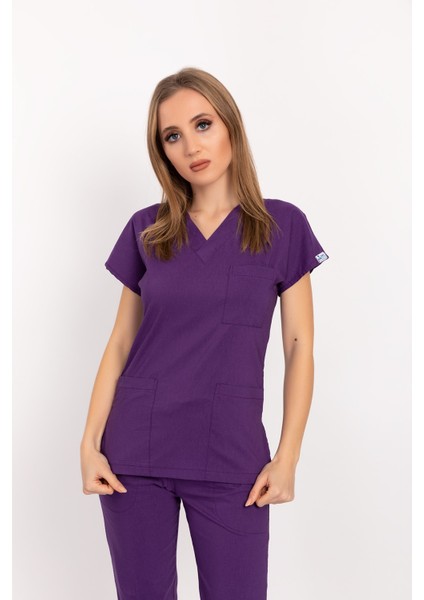 Mor Renk Likralı Unisex Doktor Hemşire Hastane Scrubs Üniforma Takımı fırsatları