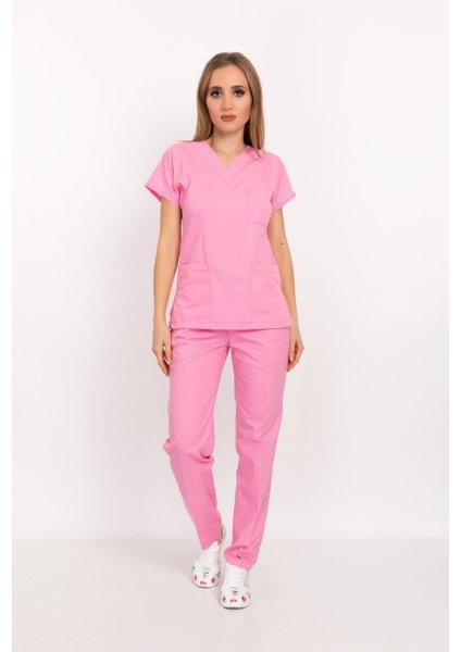 Şeker Pembesi Likralı Unisex Doktor Hemşire Hastane Scrubs Üniforma Takımı