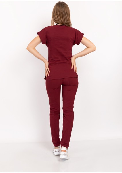 Bordo Renk Likralı Unisex Doktor Hemşire Hastane Scrubs Üniforma Takımı modelleri