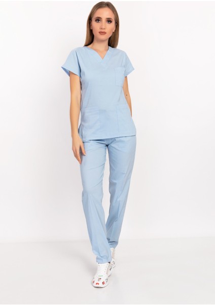 Bebe Mavi Likralı Unisex Doktor Hemşire Hastane Scrubs Üniforma Takımı