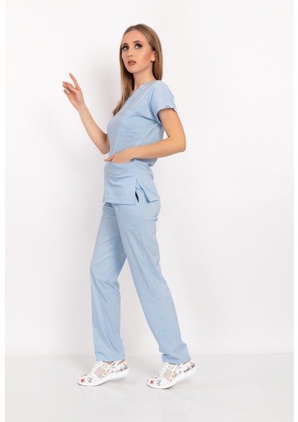 Bebe Mavi Likralı Unisex Doktor Hemşire Hastane Scrubs Üniforma Takımı fiyatları