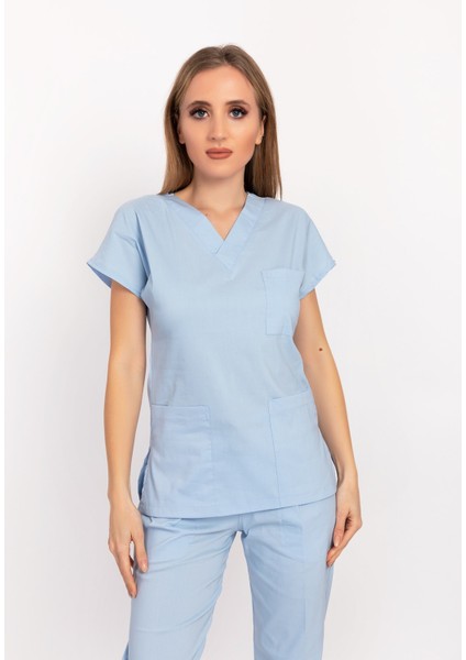 Bebe Mavi Likralı Unisex Doktor Hemşire Hastane Scrubs Üniforma Takımı fırsatları