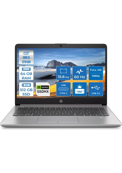 250 G9 Intel Core i5 1235U 64GB 512GB SSD MX550 Freedos 15.6" FHD Taşınabilir Bilgisayar 6Q8M7ES040