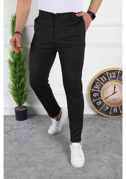 Erkek Siyah Slim Fit Keten Pantolon