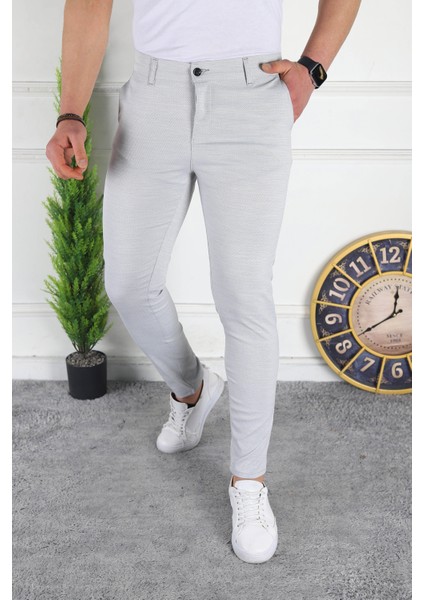 Erkek Açık Gri Slim Fit Keten Pantolon