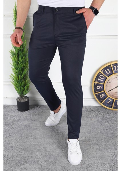 Erkek Lacivert Slim Fit Keten Pantolon