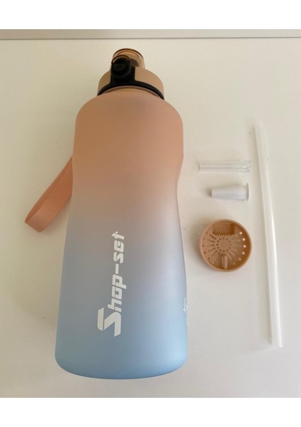 Shop-Set 2000 ml Pipetli ve Süzgeçli Tritan Motivasyonlu Su Matarası Çift Renk Softtouch