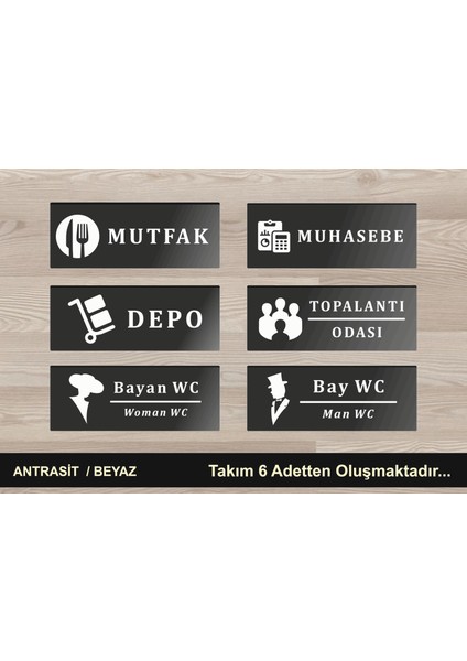 Zafrak Reklam Kapı Tabelası 6 Takım Mutfak - Depo - Muhasebe -Toplantı Odası - Wc 24X9CM