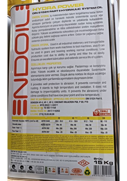 Endoıl Hidrolik Yağı Hydro 46 Net 14 Kg (16 Lt)