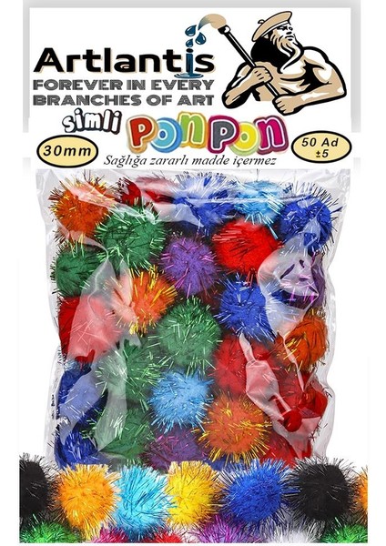 Simli Ponpon 30 mm 50'li 1 Paket Karışık Renk Pon Pon 30 mm Pompom 3 cm