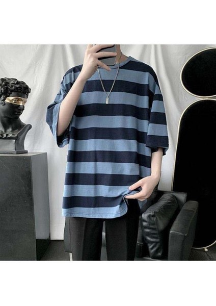 Mavi Siyah Çizgili Oversize T-Shirt10
