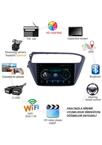 Hyundai I20 2018 ve Sonrası Uyumlu 2+16 IPS Dokunmatik Android Multimedya 9' Uyumlu