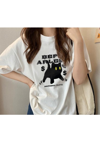 Be Fearless Cat Baskılı Beyaz Oversize T-Shirt10