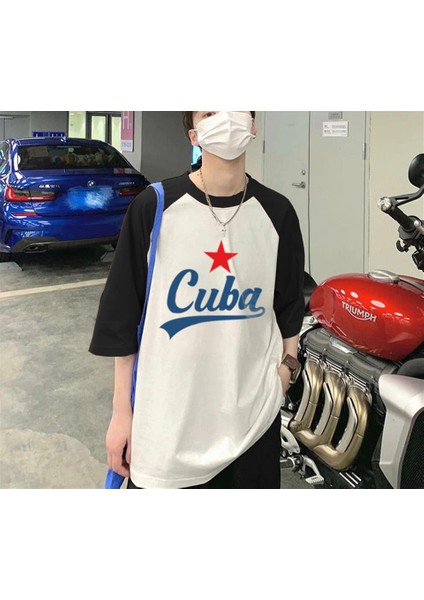 Cuba Baskılı Reglan Kol Beyaz Unisex Oversize T-Shirt10