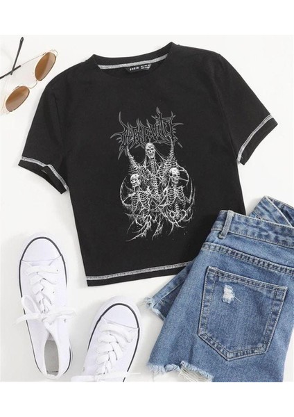 Triple Skeleton Baskılı Ters Dikiş Siyah Crop