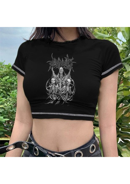 Triple Skeleton Baskılı Ters Dikiş Siyah Crop