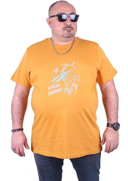 Büyük Beden Erkek Baskılı Tişört Lightning 23132 Hardal fiyatları