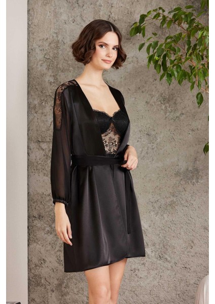 6005 Kadın Siyah Gelin Çeyiz Seti 6'lı Saten Takım