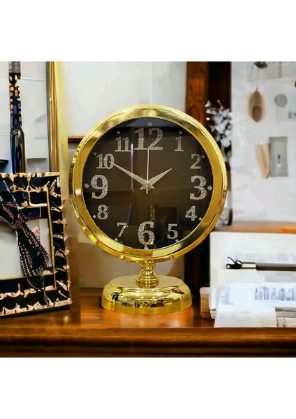 Gold Parlak Metal Ofis Salon Otel Masa Saati B5