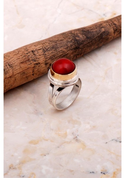 Mercan Taşlı Tel Sarma Elişi Gümüş Yüzük 3728