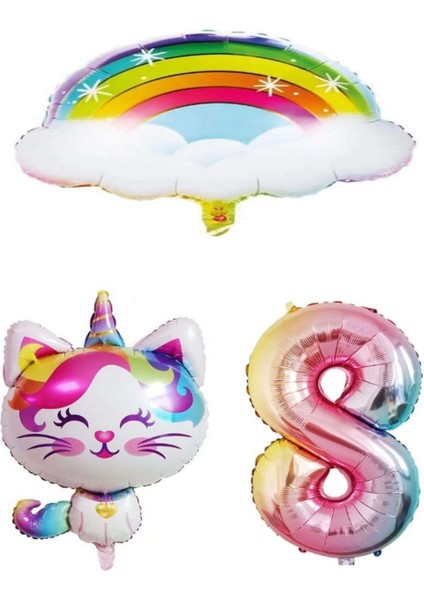Bulutlu Gökkuşağı Unicorn Kedi Folyo ve Rakam Balon Seti Yaş 8