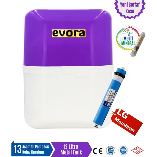 Evora 13 Aşamalı Lg Membranlı 12LT Mor Kapalı Şeffaf Kasa Pompasız Su Arıtma Cihazı