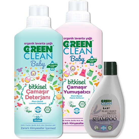 Green Clean Baby Şampuan 275 Ml, Çamaşır Yumuşatıcı ve Deterjanı 1 Lt