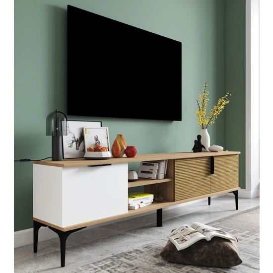 Alonex Tarz Raflı 180 cm Metal Kulp Tv Ünitesi (Sepet - Beyaz) DUBLIN001