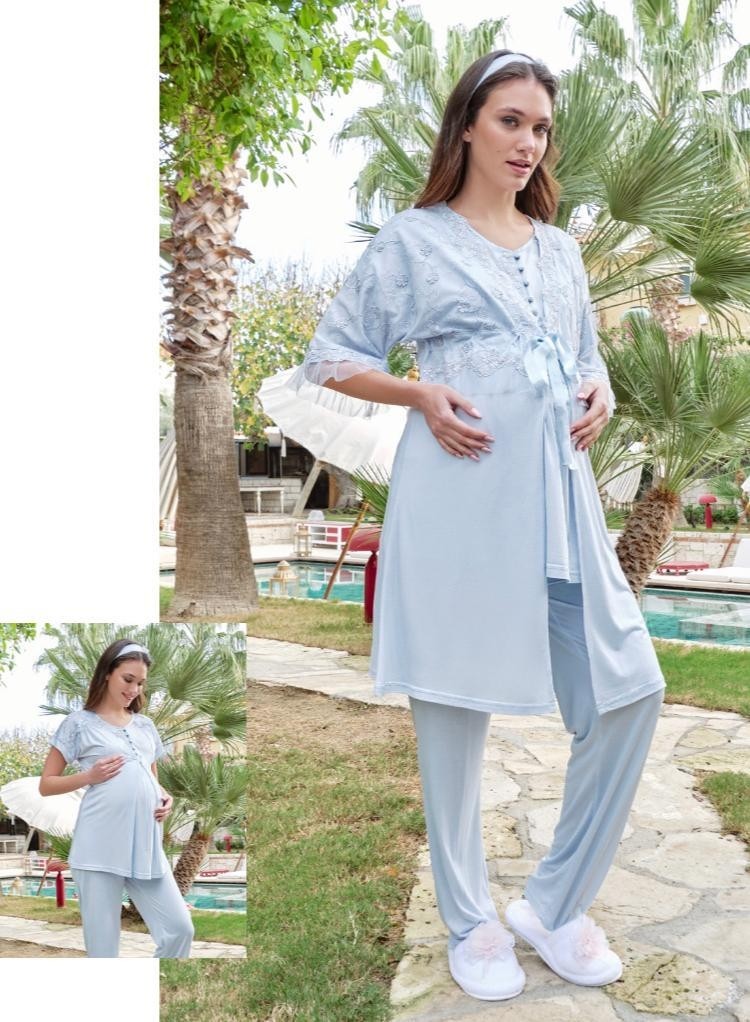 Bone Club 5605 Mavi V Yaka 3lü Hamile Lohusa Pijama Sabahlık Tk