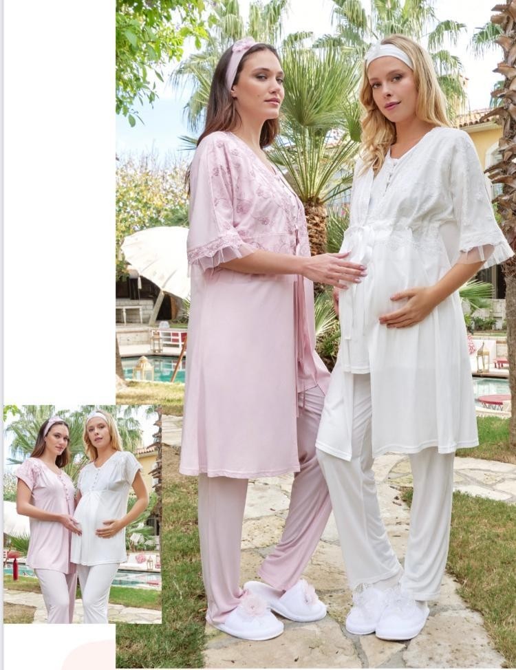 Bone Club 5605 Pudra V Yaka 3lü Hamile Lohusa Pijama Sabahlık Tk
