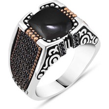 Amberkan Üstü Zirkon Taşlı Yanları Minik Zirkon Taşlı Erkek Yüzük