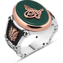 Amberkan Yeşil Akik Taş Üzeri Tuğralı Erkek Yüzük