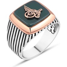 Amberkan Yeşil Akik Taş Üzeri Tuğralı Erkek Yüzük