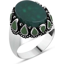 Amberkan Yeşil Akik Taşlı Yanları Yeşil Mineli Erkek Yüzük