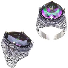 Amberkan Yeşil Mistik Topaz Taşlı Kenarları Zirkon Taşlı Kalem Desenli Gümüş Erkek Yüzük