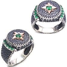 Amberkan Zirkon Taşlı Üzeri Yıldız Desenli Yanları Özel Motifli Erkek Yüzük