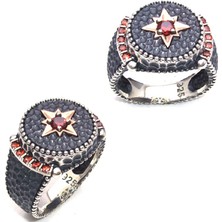 Amberkan Zirkon Taşlı Üzeri Yıldız Desenli Yanları Özel Motifli Erkek Yüzük