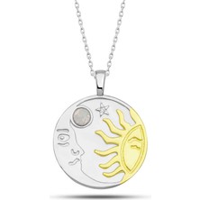 Stil Love Gümüş Opal Beyaz Taşlı Ay Güneş Kadın Kolye