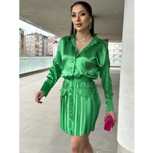 Foa Fashion Yeşil Pilise Etekli Cep Detay Saten Ikili Takım