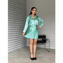Foa Fashion Mint Pilise Etekli Cep Detay Saten Ikili Takım